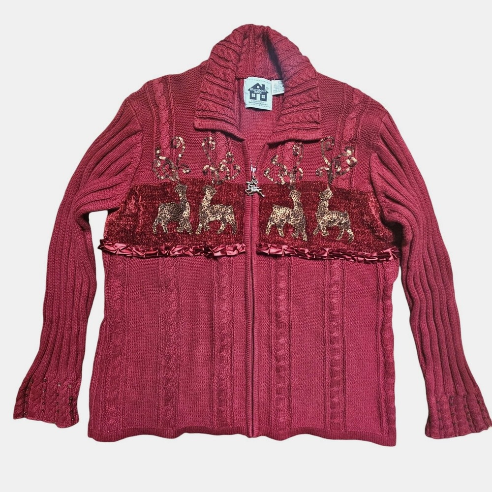 Storybook Knits Cardigan‎ Sweater Womens Red Zip Up Christmas Reindeer Size L